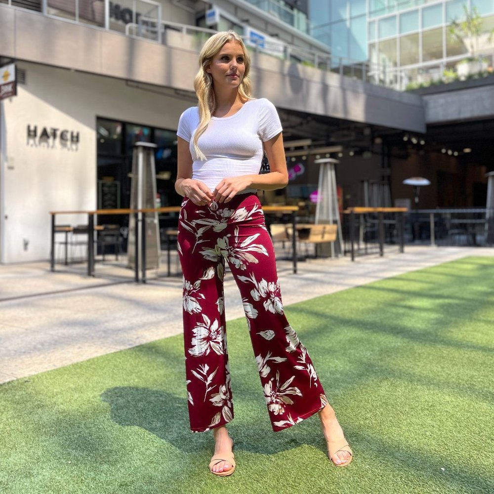 White Mark Wide Leg Floral Pants | Large | Burgundy and White